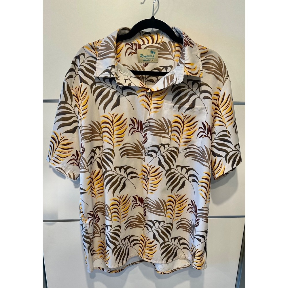 Royaura Vintage Hawaiian Shirt Men's L Beige Palm Leaf Aloha Button Up